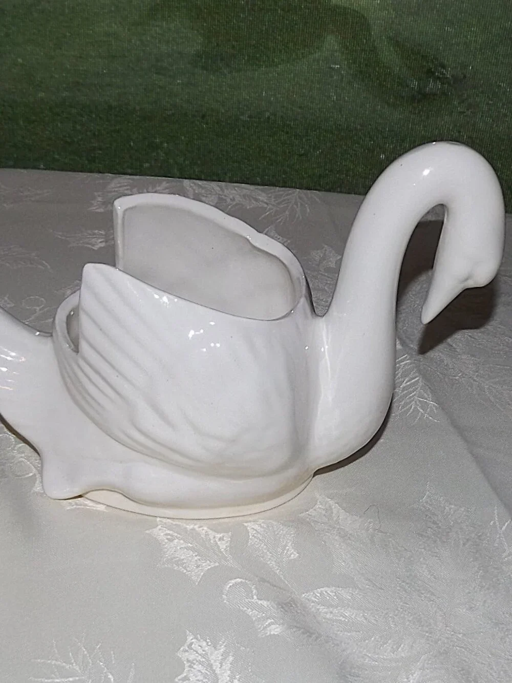 Vintage White Ceramic Glazed 6 ½” Swan Planter Bird Decor
